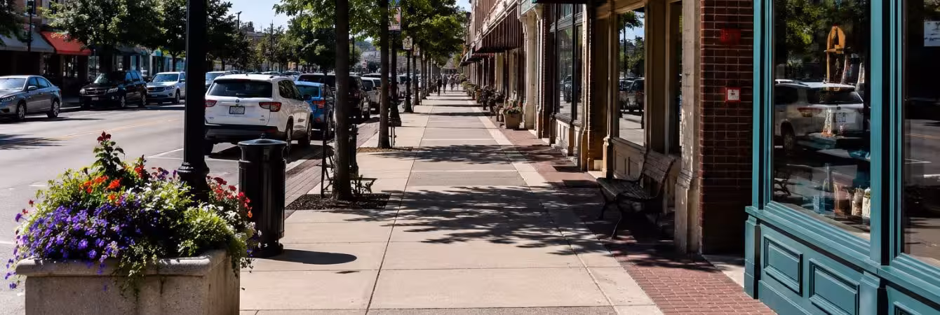 8 Best Things to Do in Mt Morris, Michigan Historic Downtown Longmont street with brick storefronts, trees, flower baskets, cafés, and parked cars on a sunny day.