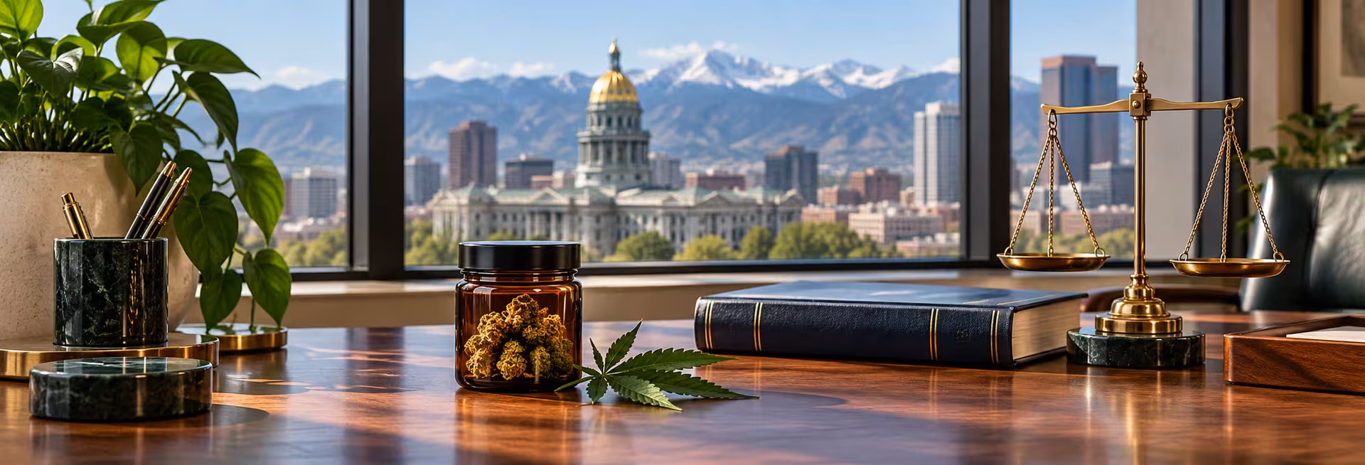Colorado Cannabis Laws in 2026 Cannabis jar beside a law book and brass balance scales, with the Colorado State Capitol in the background.