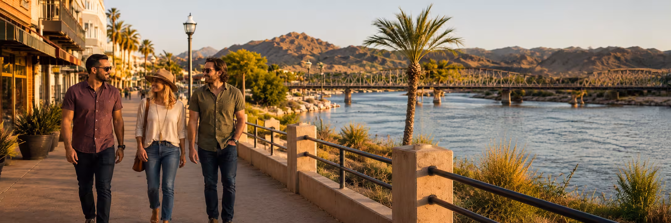Best Fun Things to Do for Adults in Yuma, Arizona Adults exploring Yuma, Arizona along the Colorado River with desert mountains and historic downtown scenery