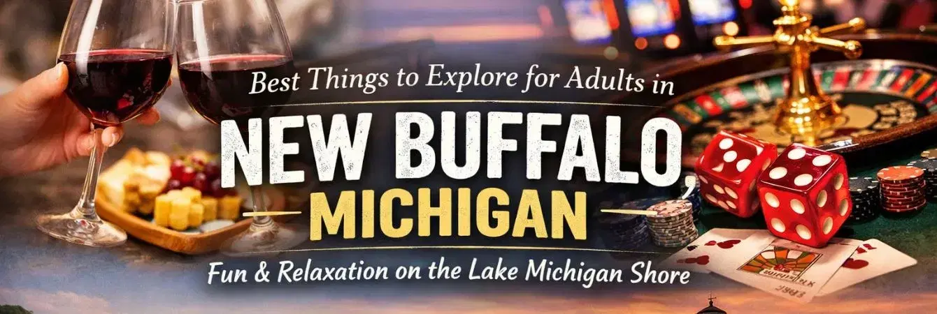 Best Things to Explore for Adults in New Buffalo, Michigan Best things to explore for adults in New Buffalo Michigan featuring wine, casino, boating, beach sunset and lighthouse.