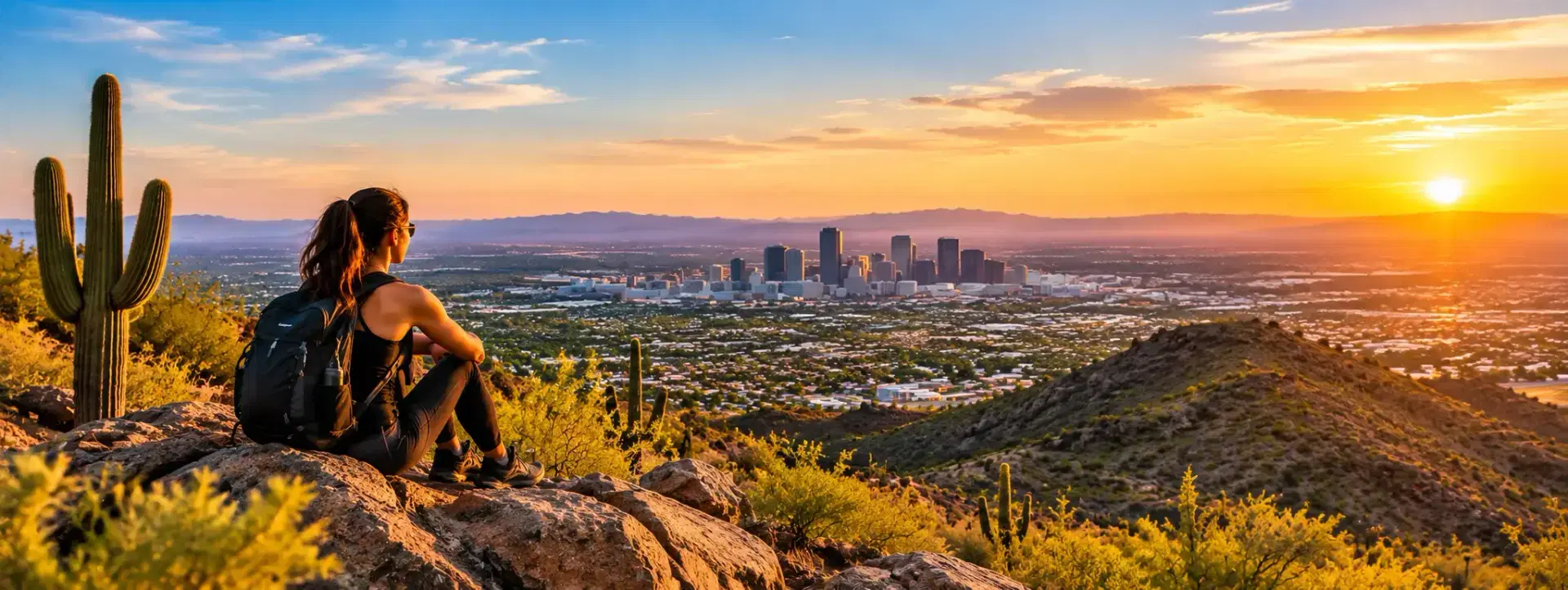 South Phoenix, AZ Activities for Adults South Phoenix desert mountain view with hiking trail and city skyline