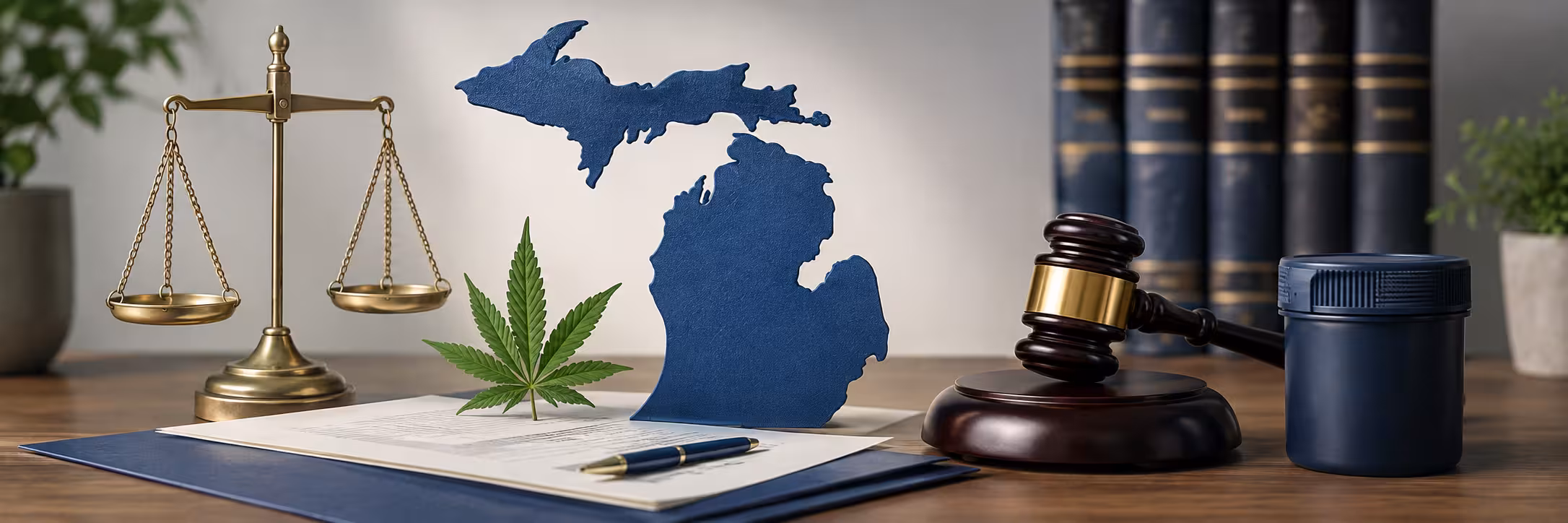 Michigan Cannabis Laws: What to Know in 2026 Michigan cannabis laws represented by a state map, cannabis leaf, justice scales, legal gavel, and child-resistant container.
