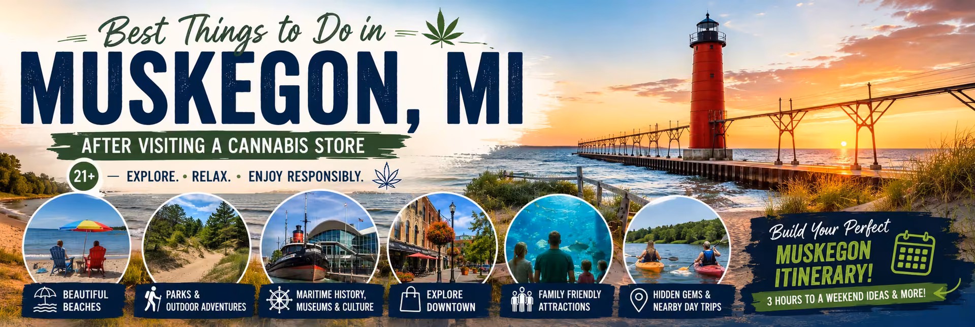 Best Things to Do in Muskegon, MI After Visiting a Cannabis Store Best things to do in Muskegon MI after visiting a cannabis store, featuring Lake Michigan beaches, lighthouse, parks and outdoor attractions