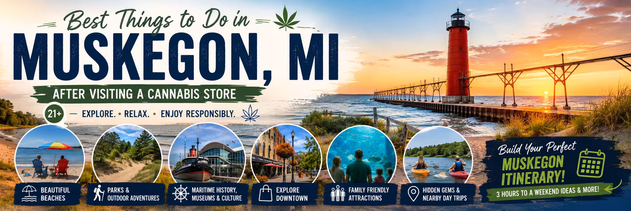 Best Things to Do in Muskegon, MI After Visiting a Cannabis Store Best things to do in Muskegon MI after visiting a cannabis store, featuring Lake Michigan beaches, lighthouse, parks and outdoor attractions