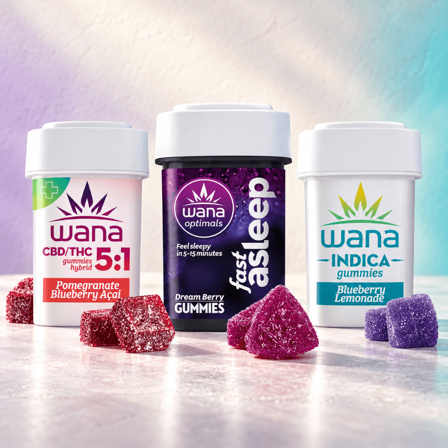 Wana Quick fast acting gummies in branded packaging Wana Quick fast acting gummies in branded packaging