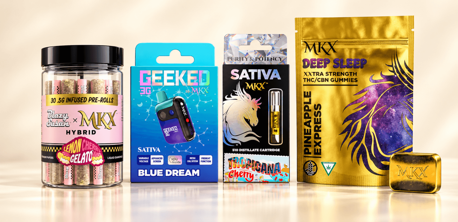 MKX infused pre-rolls, GEEKED Blue Dream vape, Tropicana Cherry cartridge and Deep Sleep gummies on an ivory background. MKX infused pre-rolls, GEEKED Blue Dream vape, Tropicana Cherry cartridge and Deep Sleep gummies on an ivory background.