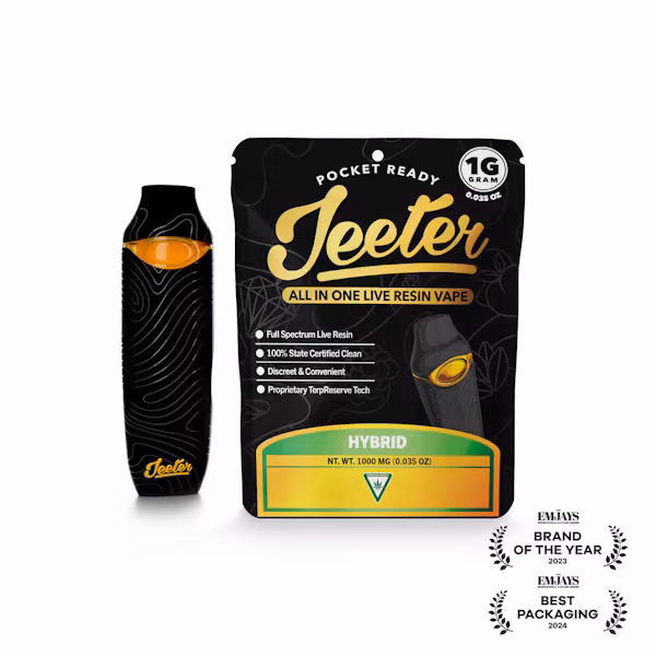 Jeeter hybrid all-in-one live resin vape and packaging Jeeter hybrid all-in-one live resin vape and packaging