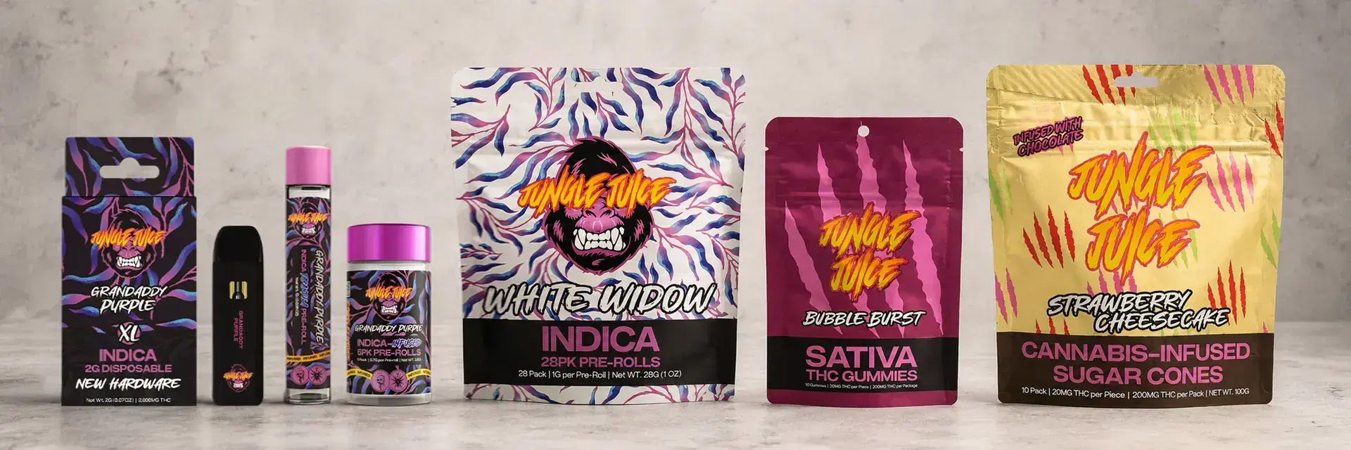 Jungle Juice product lineup featuring vapes, pre-rolls, gummies, and cannabis-infused sugar cones