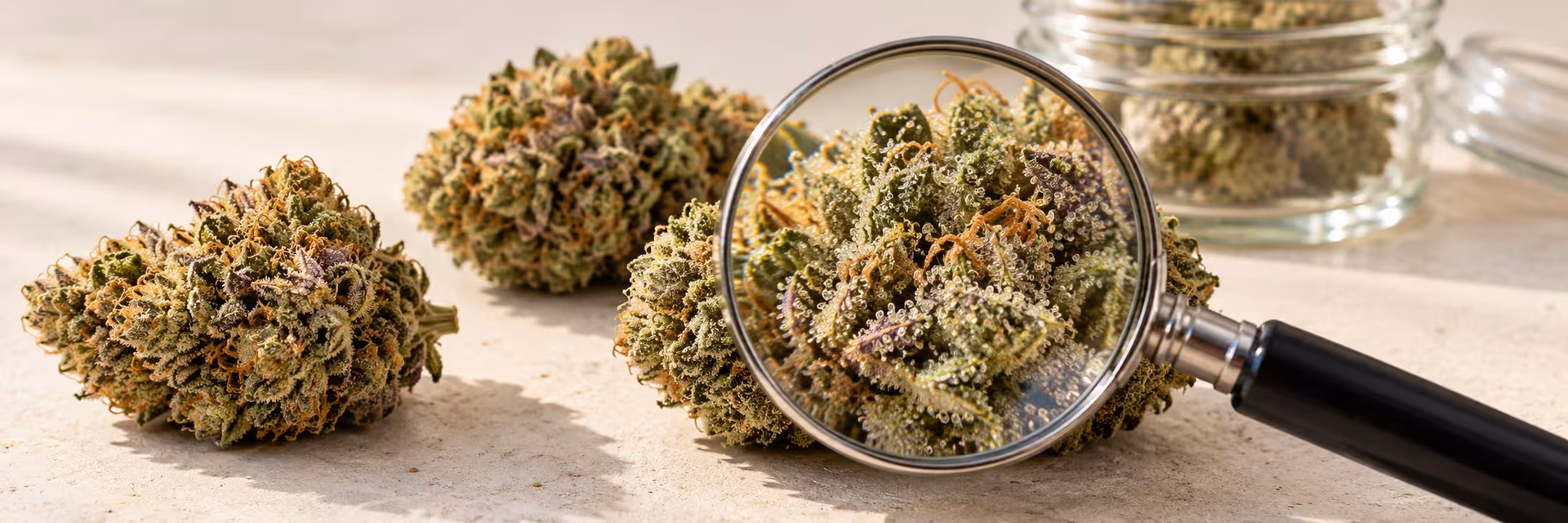 How to Evaluate Cannabis Flower Quality Close-up of cannabis flower buds with a magnifying glass highlighting trichomes and bud structure.