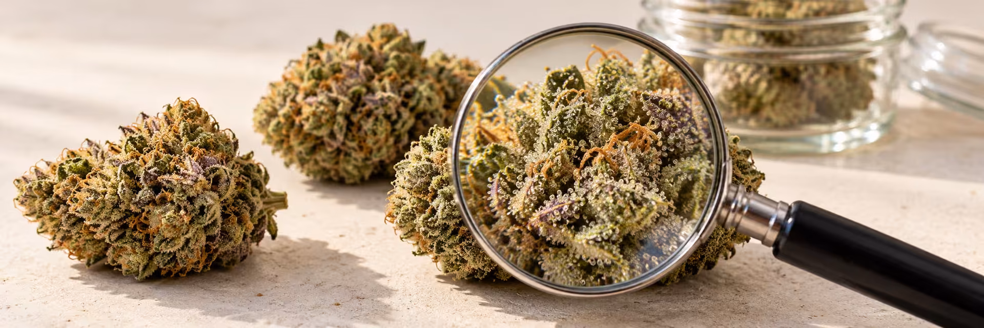 How to Evaluate Cannabis Flower Quality Close-up of cannabis flower buds with a magnifying glass highlighting trichomes and bud structure.