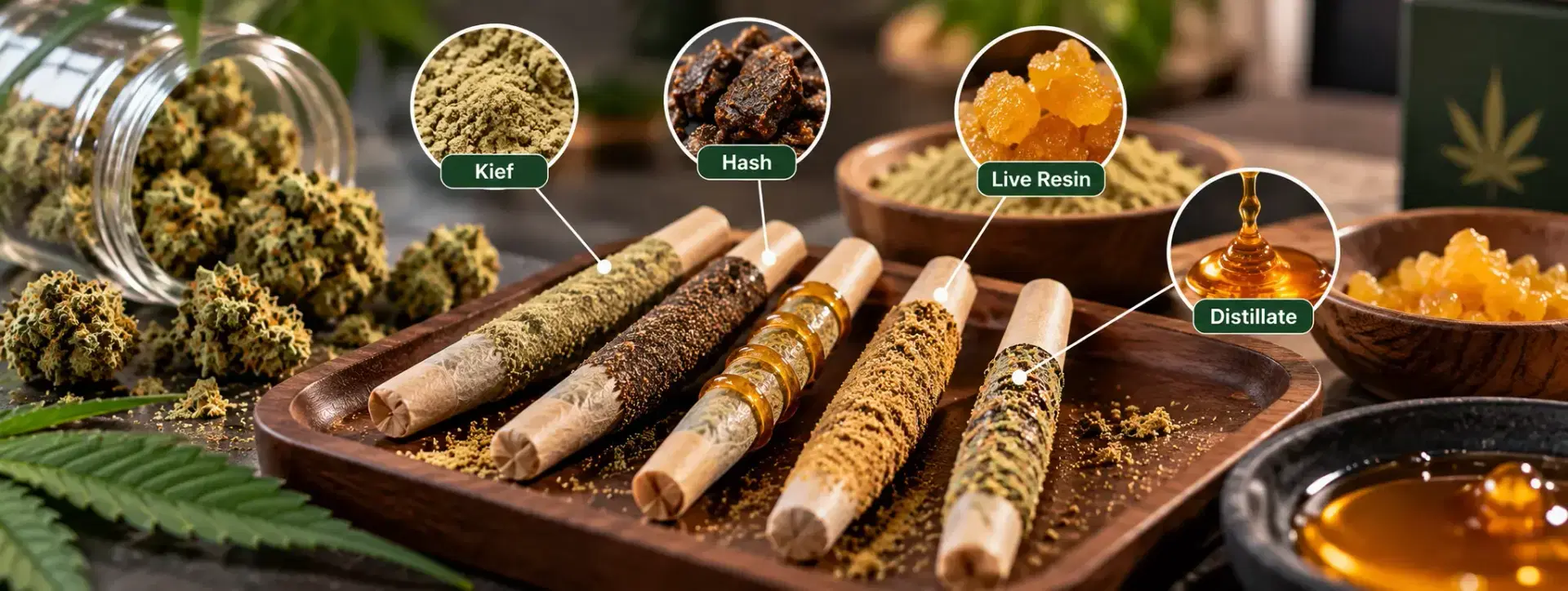 Infused Pre-Rolls: Types of Cannabis Concentrates Cannabis-infused pre-rolls featuring kief, hash, live resin, and distillate concentrates
