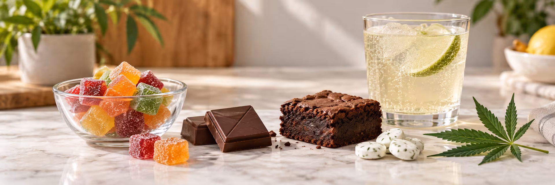 Types of Cannabis Edibles | Gummies, Chocolate and More Cannabis edibles including gummies, chocolate, a brownie, mints and a beverage arranged beside a hemp leaf