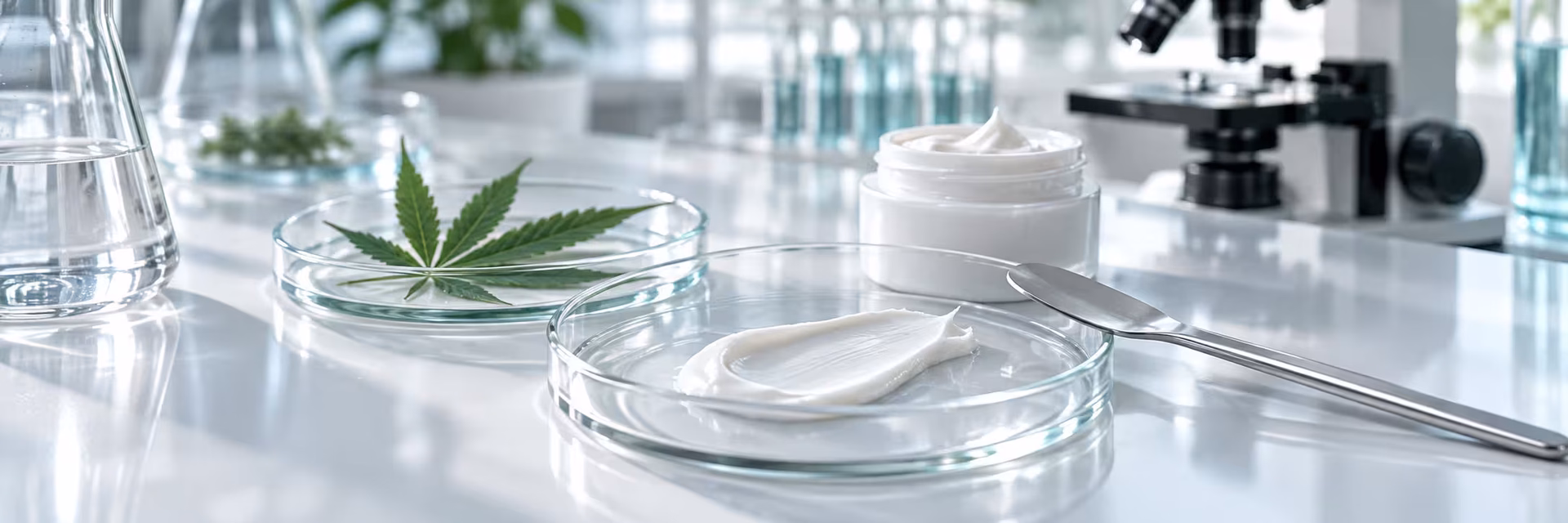 THC Topicals and Scientific Research THC topical cream and a cannabis leaf in petri dishes with a microscope in the background