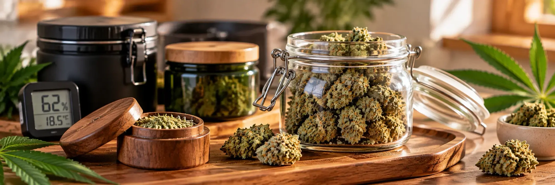 How to Store Cannabis Flower for Freshness Cannabis flower stored in airtight glass jars with a humidity monitor to help maintain freshness