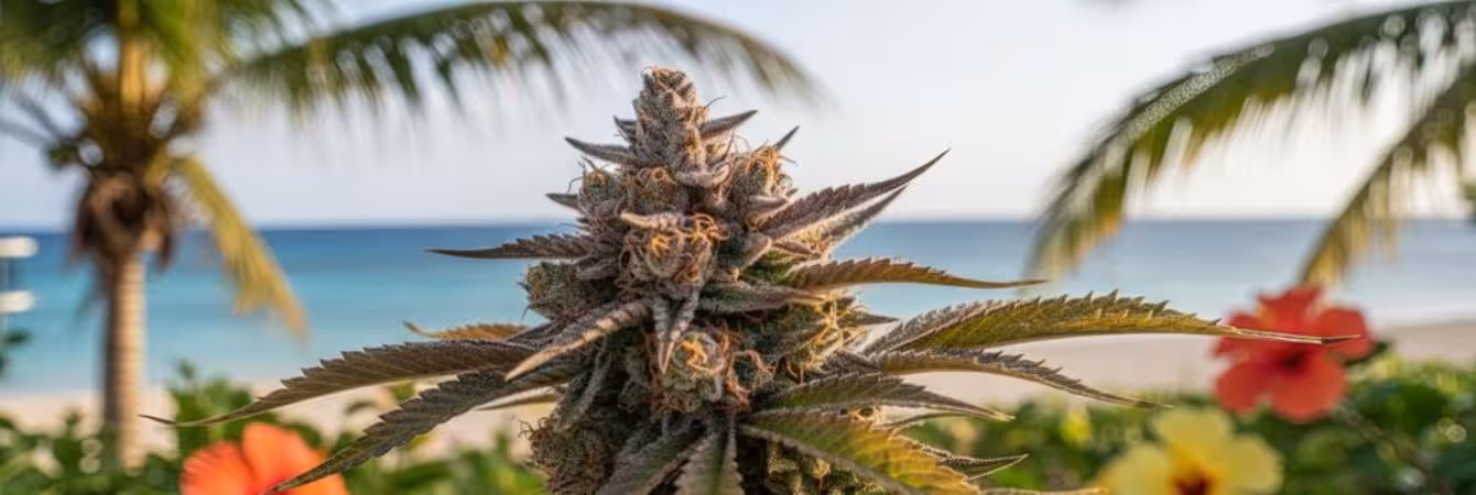Cannabis Flower Against a Tropical Beach Backdrop Close-up of a cannabis flower with purple-green leaves, palm trees, hibiscus flowers and turquoise ocean in the background.