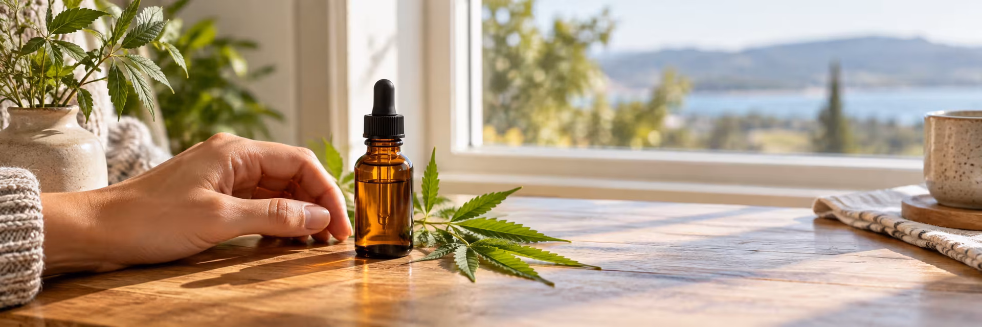 CBD Oil and Hemp Leaves | What Does CBD Do to You? Hand beside a CBD oil dropper bottle and hemp leaves on a sunlit table